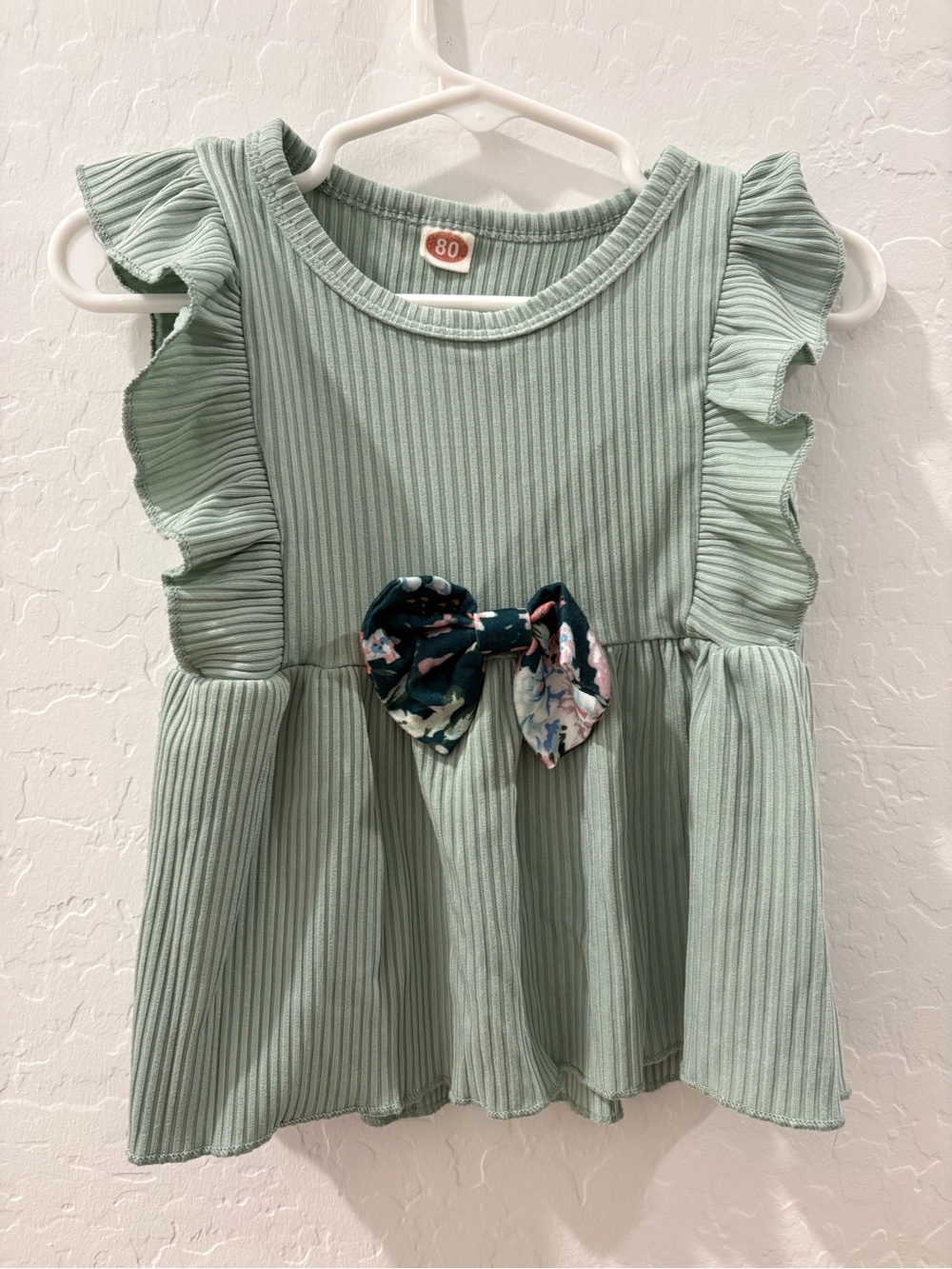 Toddler Girl Sage Green Ribbed Ruffle Dress with Floral Bow Size 2T